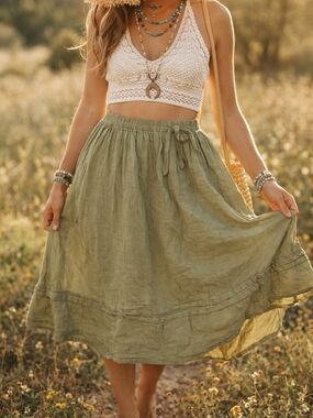 Olive Green Linen Midi Skirt XL Elastic Waist Drawstring Flowy Lightweight Boho